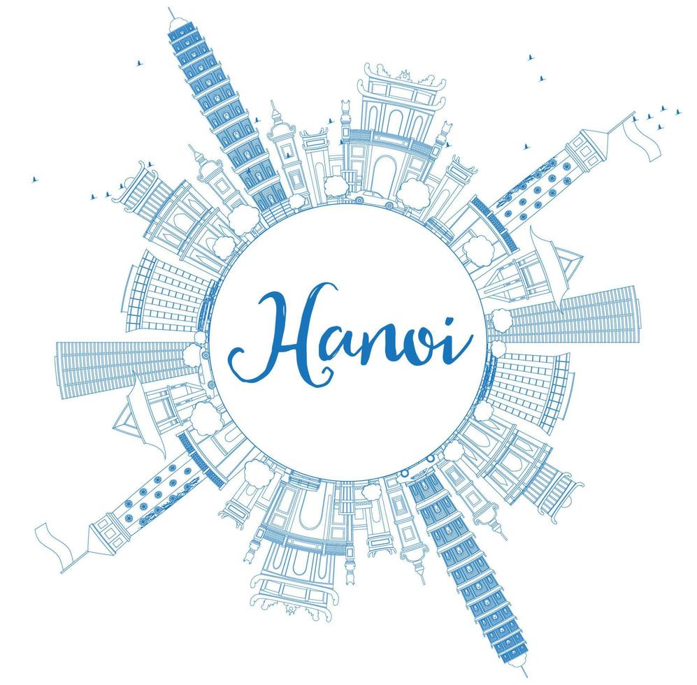 Outline Hanoi skyline with blue Landmarks and copy space. vector