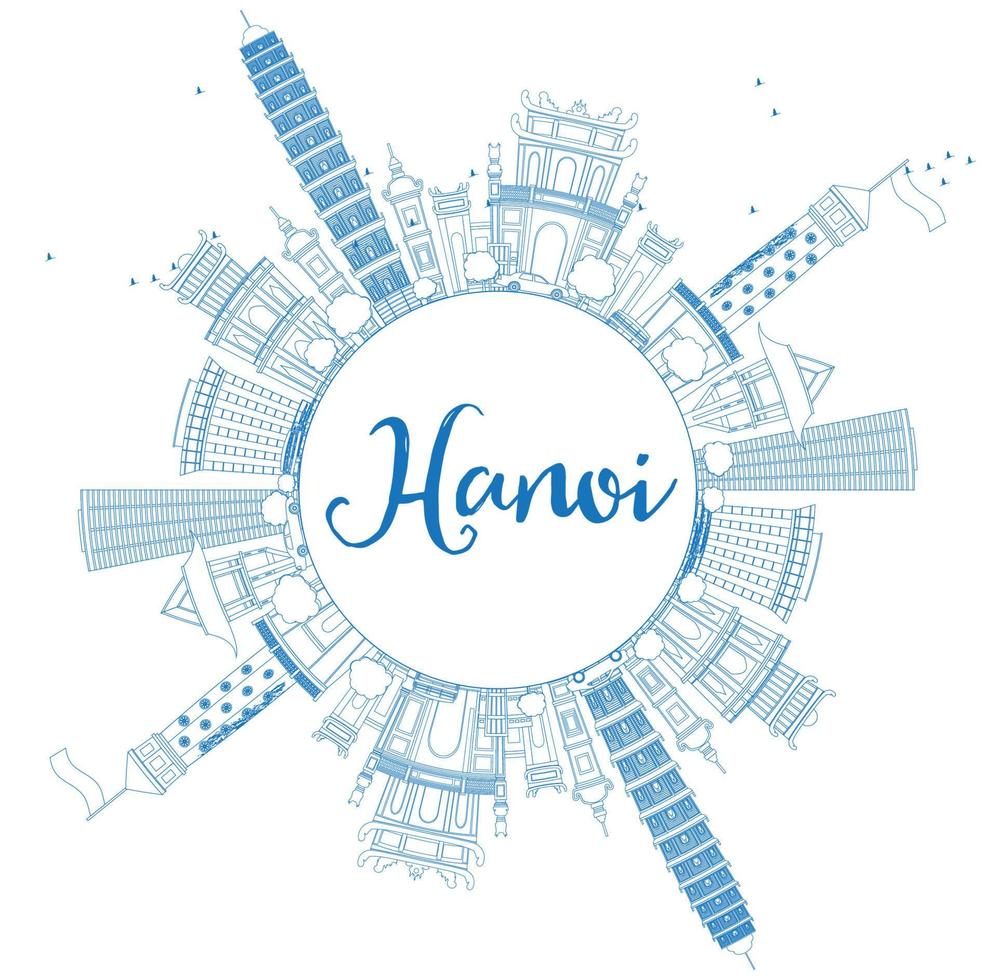 Outline Hanoi skyline with blue Landmarks and copy space. vector