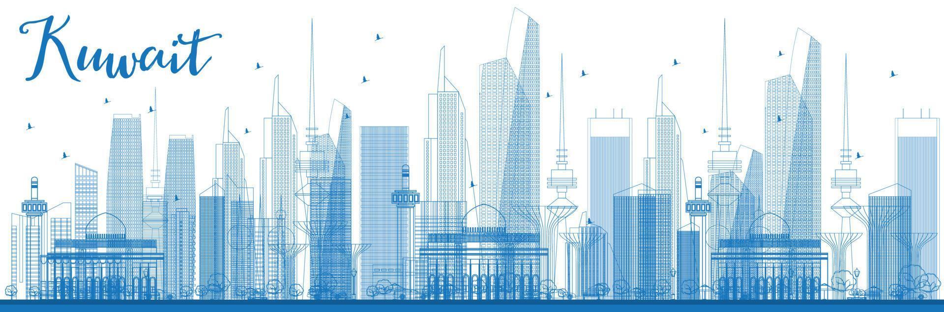 Outline Kuwait City Skyline with Blue Buildings. vector