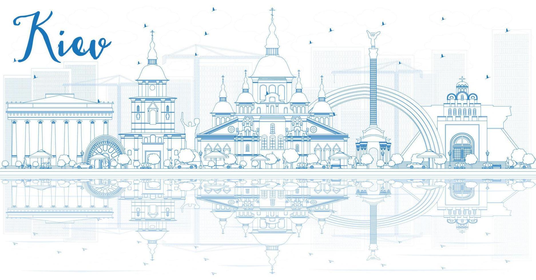 Outline Kiev skyline with blue buildings and reflections. vector