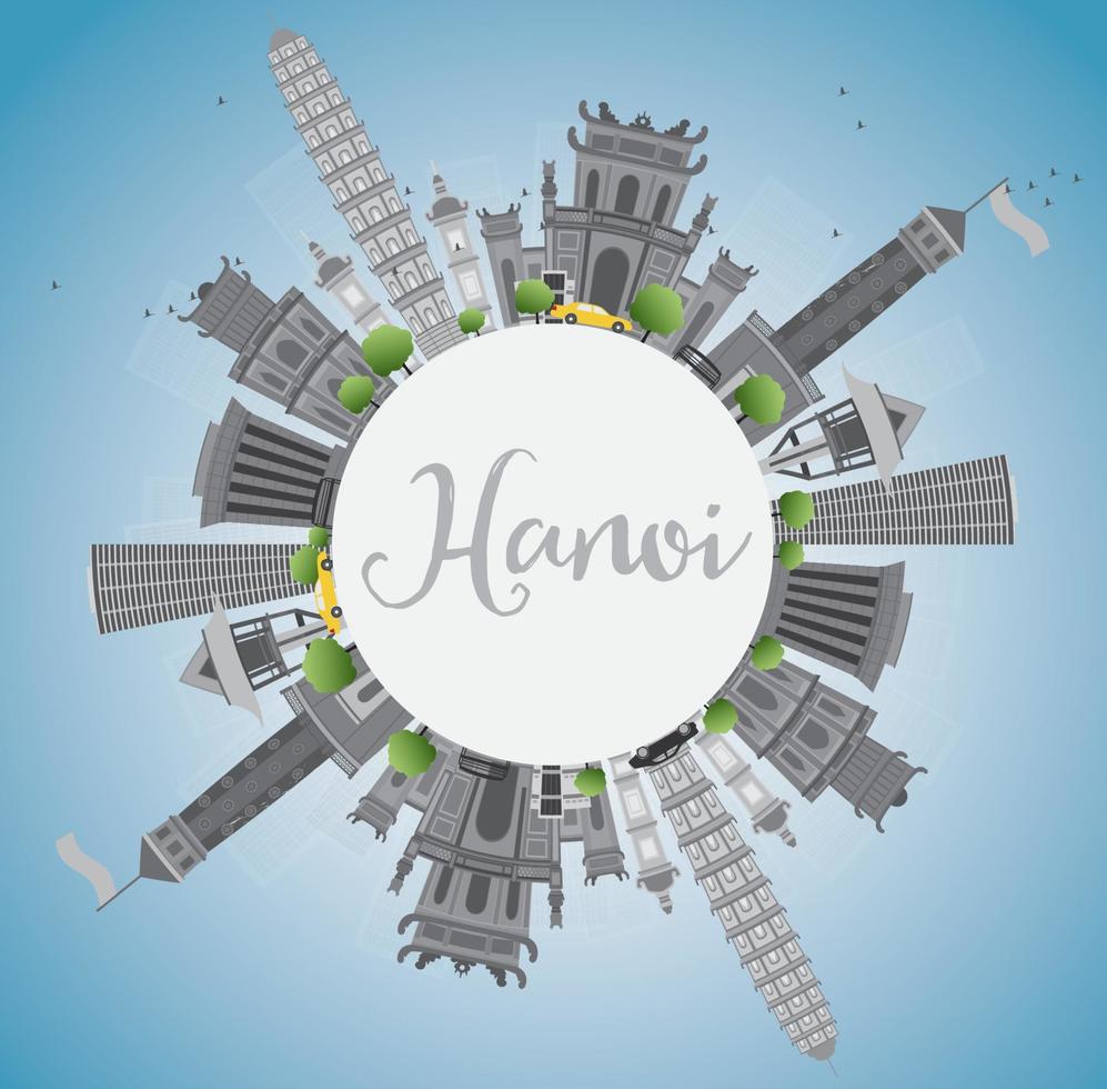 horizonte de hanoi con puntos de referencia grises, cielo azul y espacio para copiar. vector