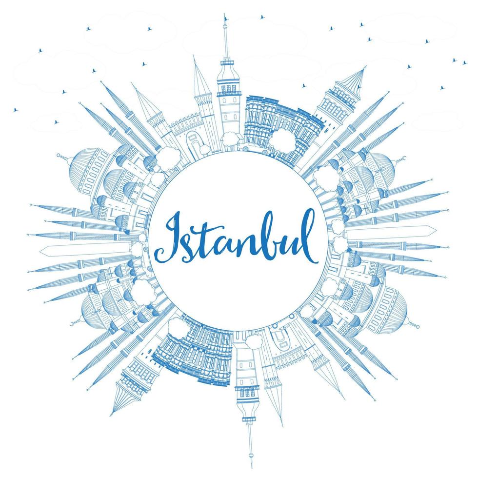 Outline Istanbul Skyline with Blue Landmarks and Copy Space. vector