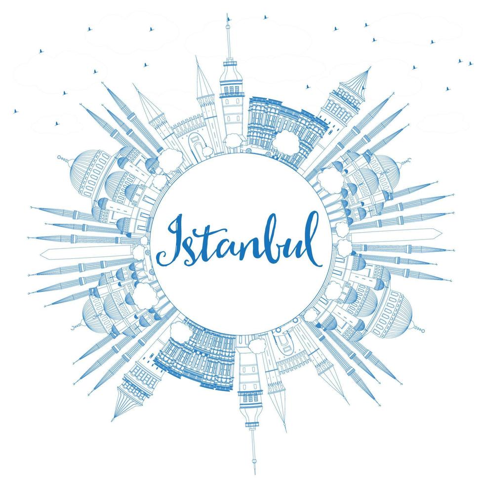 Outline Istanbul Skyline with Blue Landmarks and Copy Space. vector