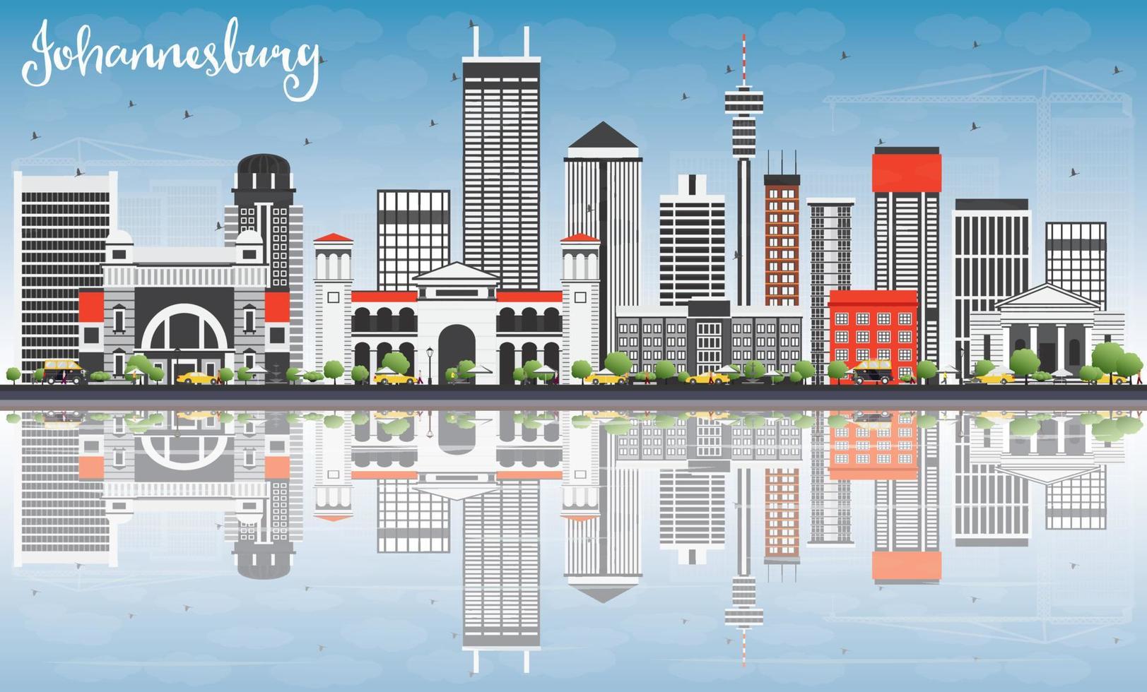 Johannesburg Skyline with Gray Buildings, Blue Sky and Reflections. vector