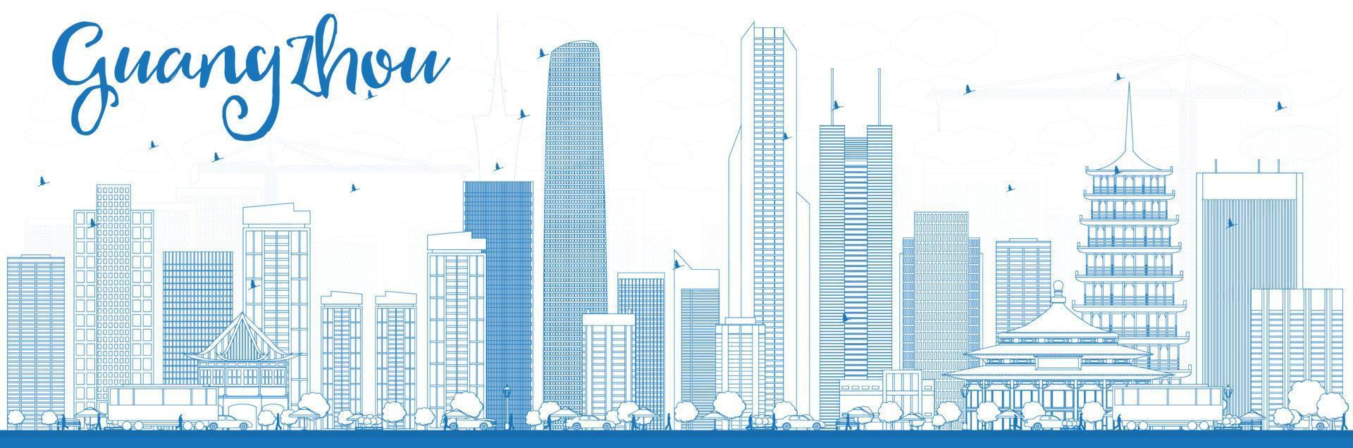 Outline Guangzhou Skyline with Blue Buildings. vector