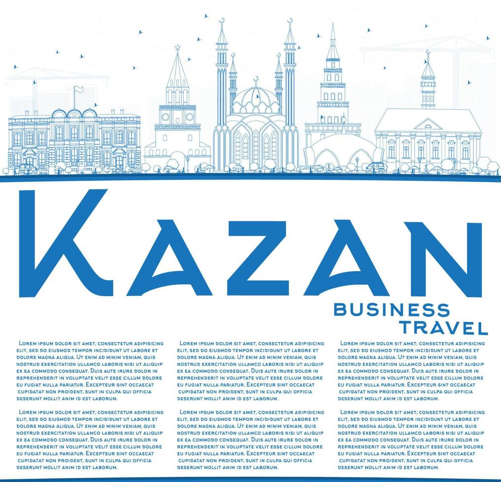 Outline Kazan Skyline with Blue Buildings and Copy Space. vector