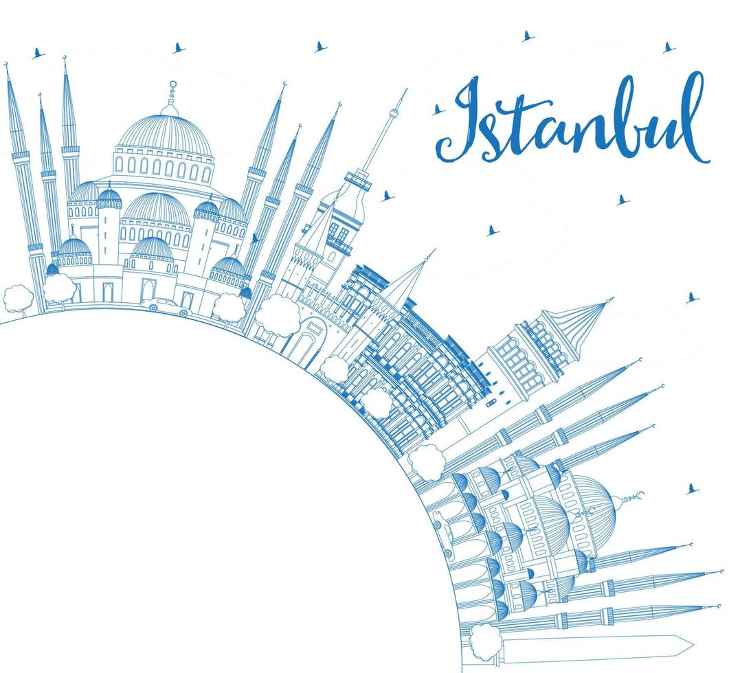 Outline Istanbul Skyline with Blue Landmarks and Copy Space. vector