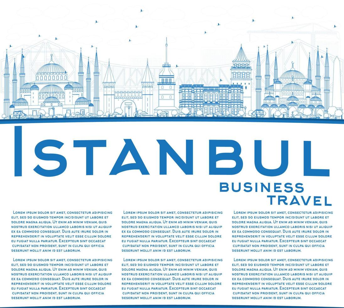 Outline Istanbul Skyline with Blue Landmarks and Copy Space. vector