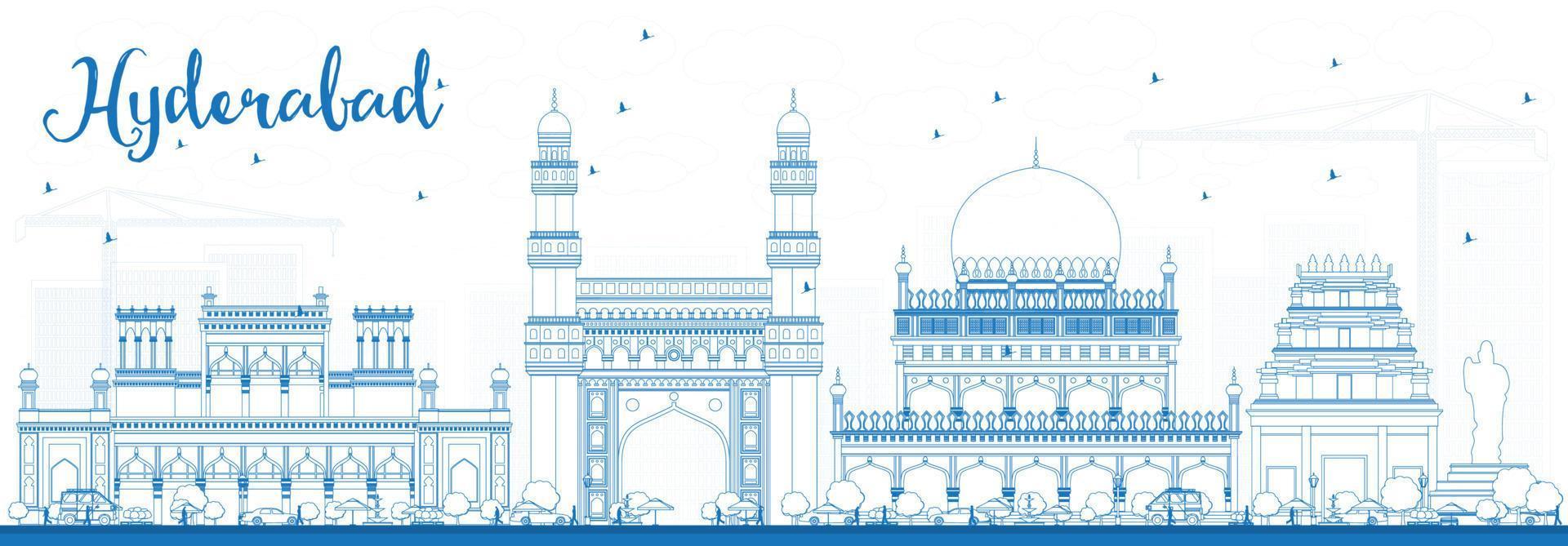 delinear el horizonte de hyderabad con puntos de referencia azules. vector