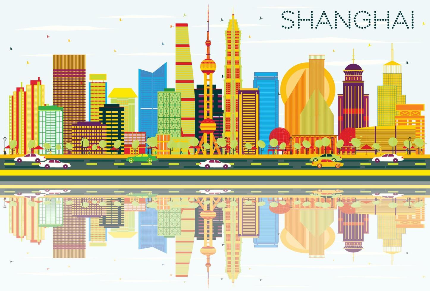 Abstract Shanghai Skyline with Color Buildings, Blue Sky and Reflections. vector