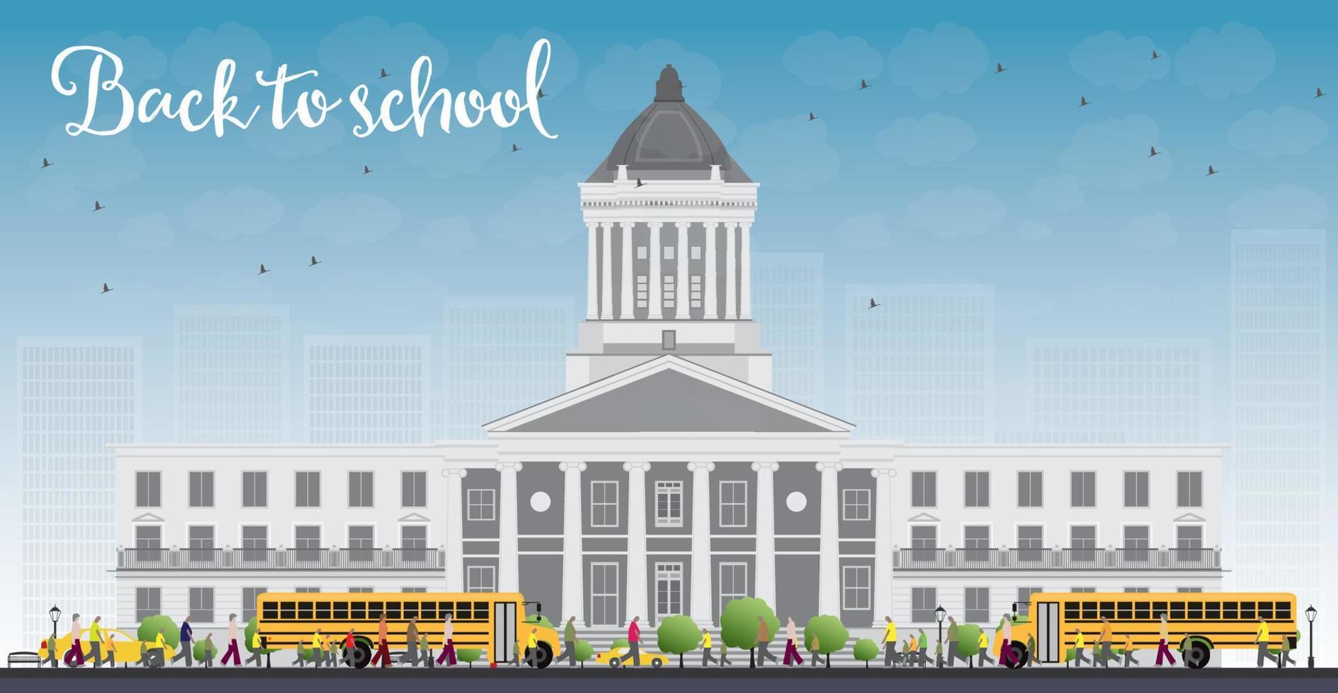 Landscape with school bus, school building and people. vector
