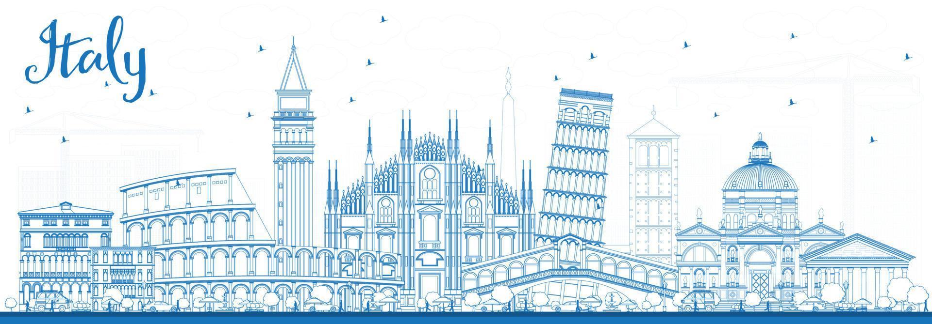 Outline Italy Skyline with Blue Landmarks. vector