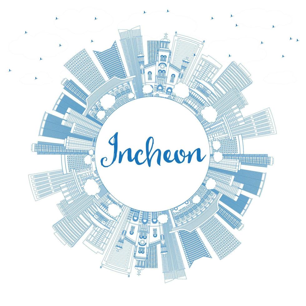 delinee el horizonte de incheon con edificios azules y copie el espacio. vector