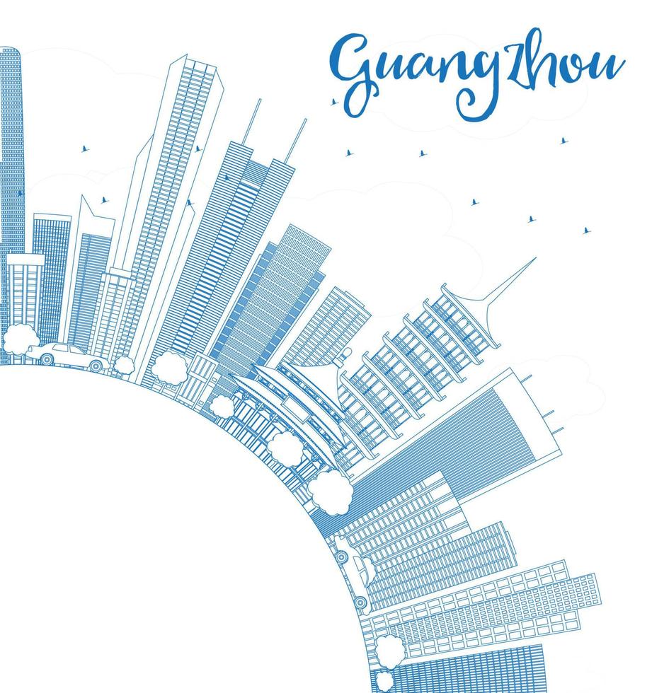 Outline Guangzhou Skyline with Blue Buildings and Copy Space. vector