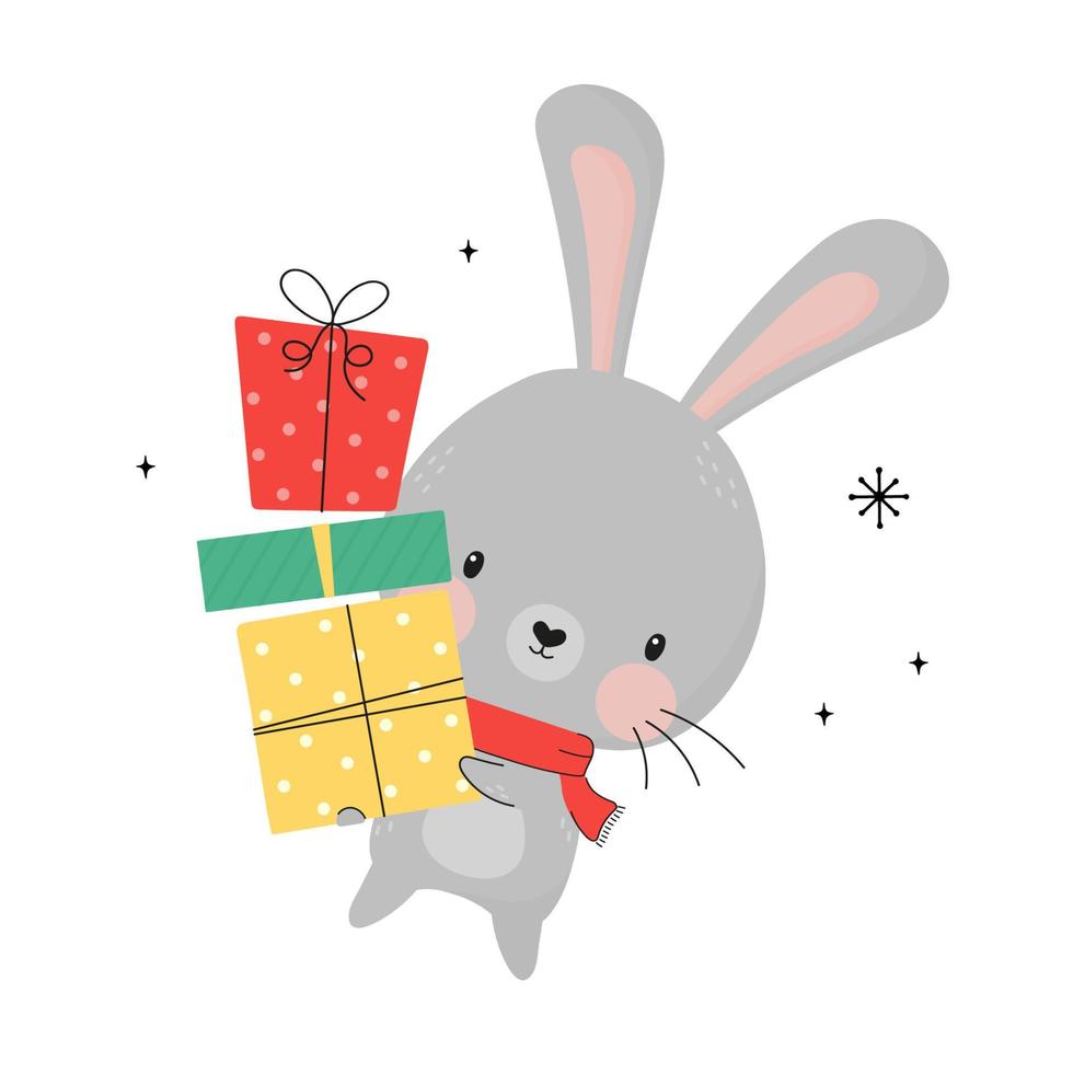 RabbitHappy new year funny cute bunny holds gifts. Chinese symbol 2023 new year. Animal rabbit holidays cartoon character. Christmas decoration. Doodle cute hare. Greeting card, sticker, print vector