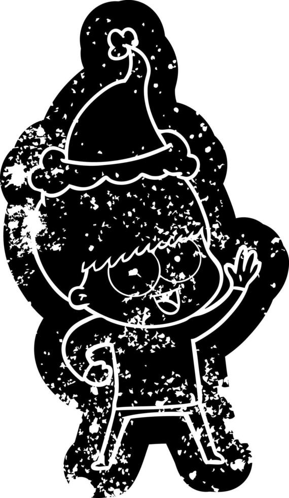 happy cartoon distressed icon of a boy wearing santa hat vector