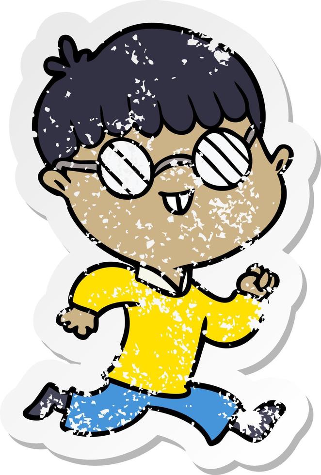 distressed sticker of a cartoon boy wearing spectacles vector