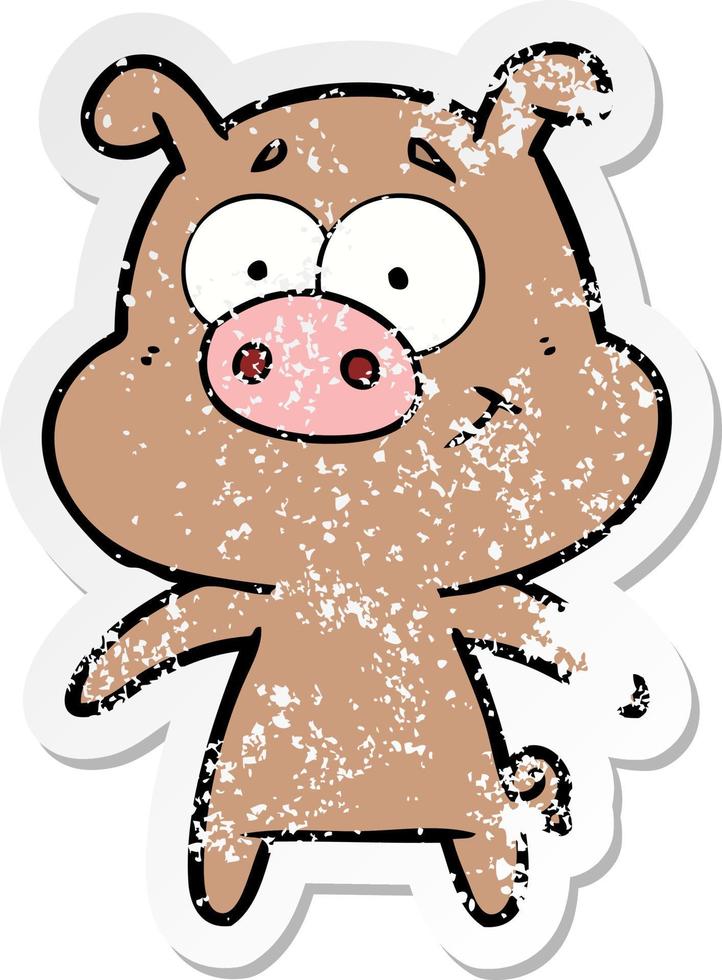 distressed sticker of a happy cartoon pig vector