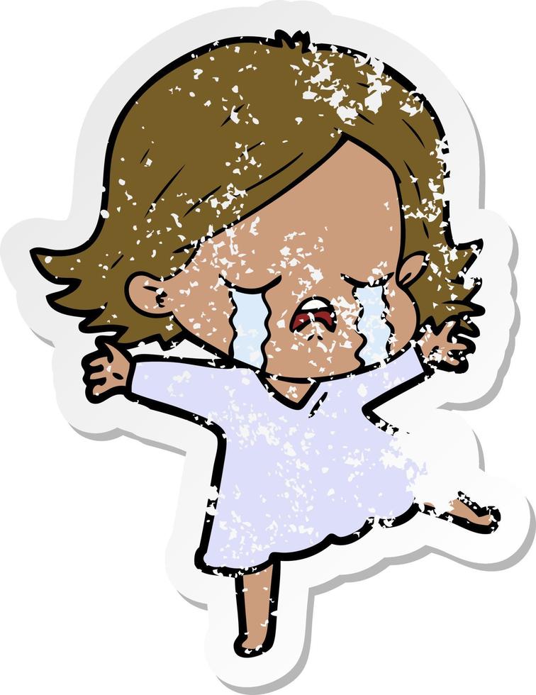 distressed sticker of a cartoon girl crying vector