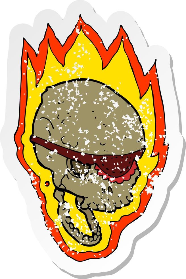 retro distressed sticker of a cartoon flaming pirate skull vector