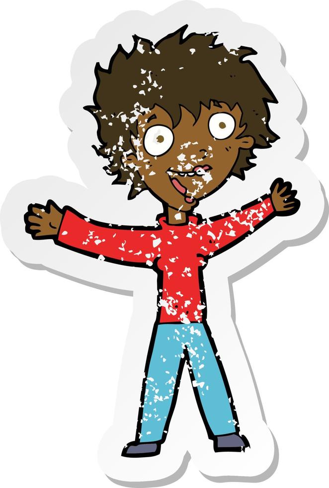 retro distressed sticker of a cartoon excited woman vector