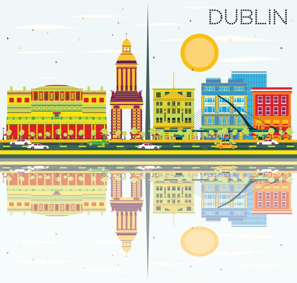 Dublin Skyline with Color Buildings, Blue Sky and Reflections. vector