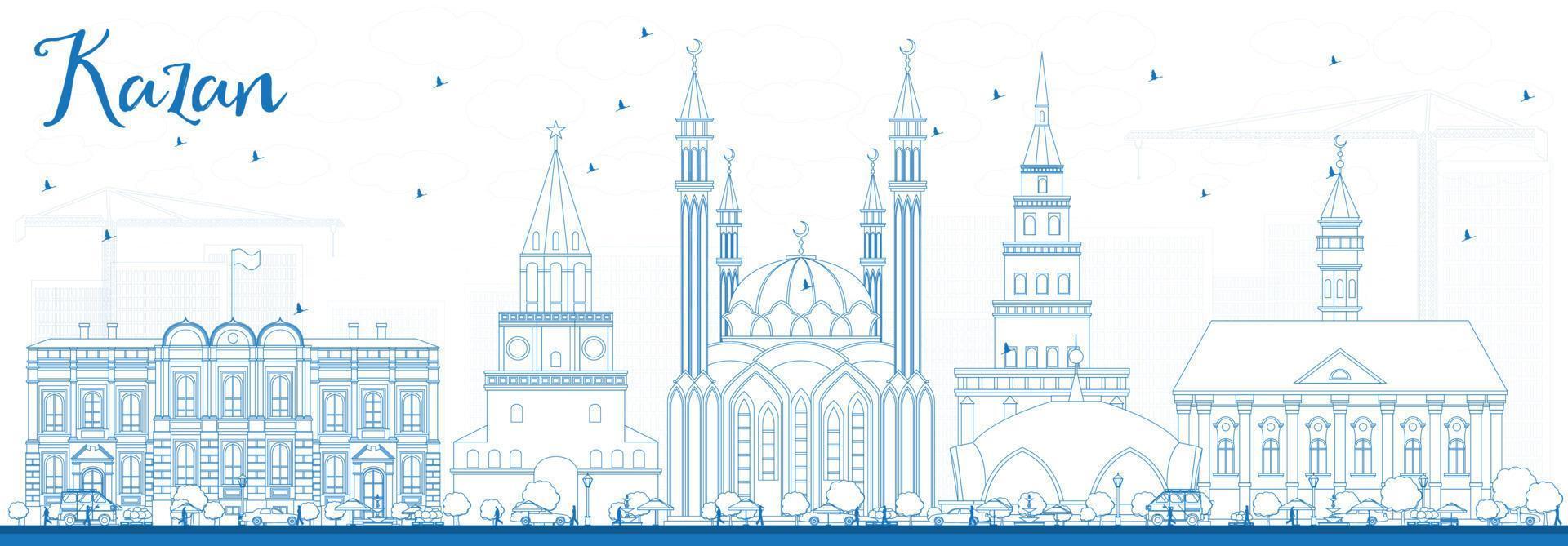 Outline Kazan Skyline with Blue Buildings. vector