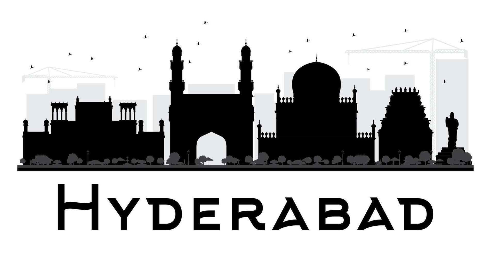 silueta en blanco y negro del horizonte de la ciudad de hyderabad. vector