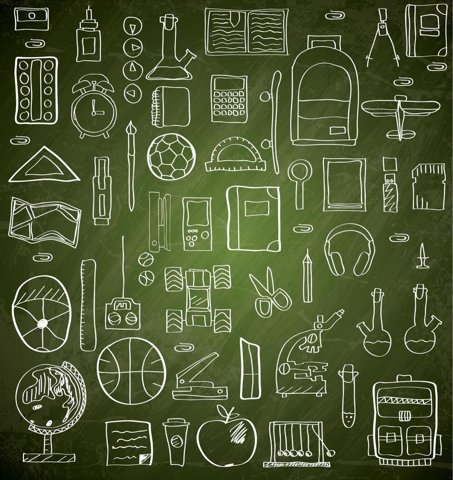 Set of Hand drawn school supplies on green chalk board. vector