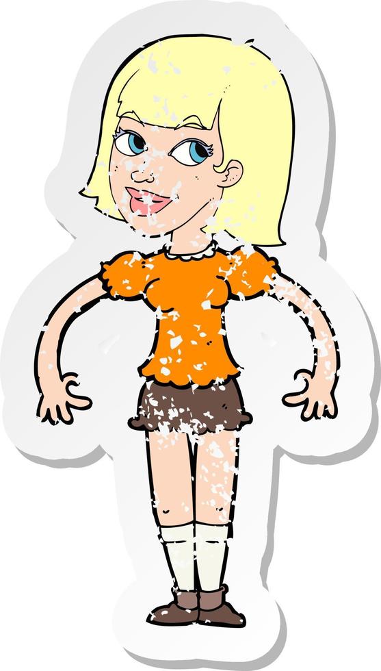 retro distressed sticker of a cartoon woman shrugging shoulders vector