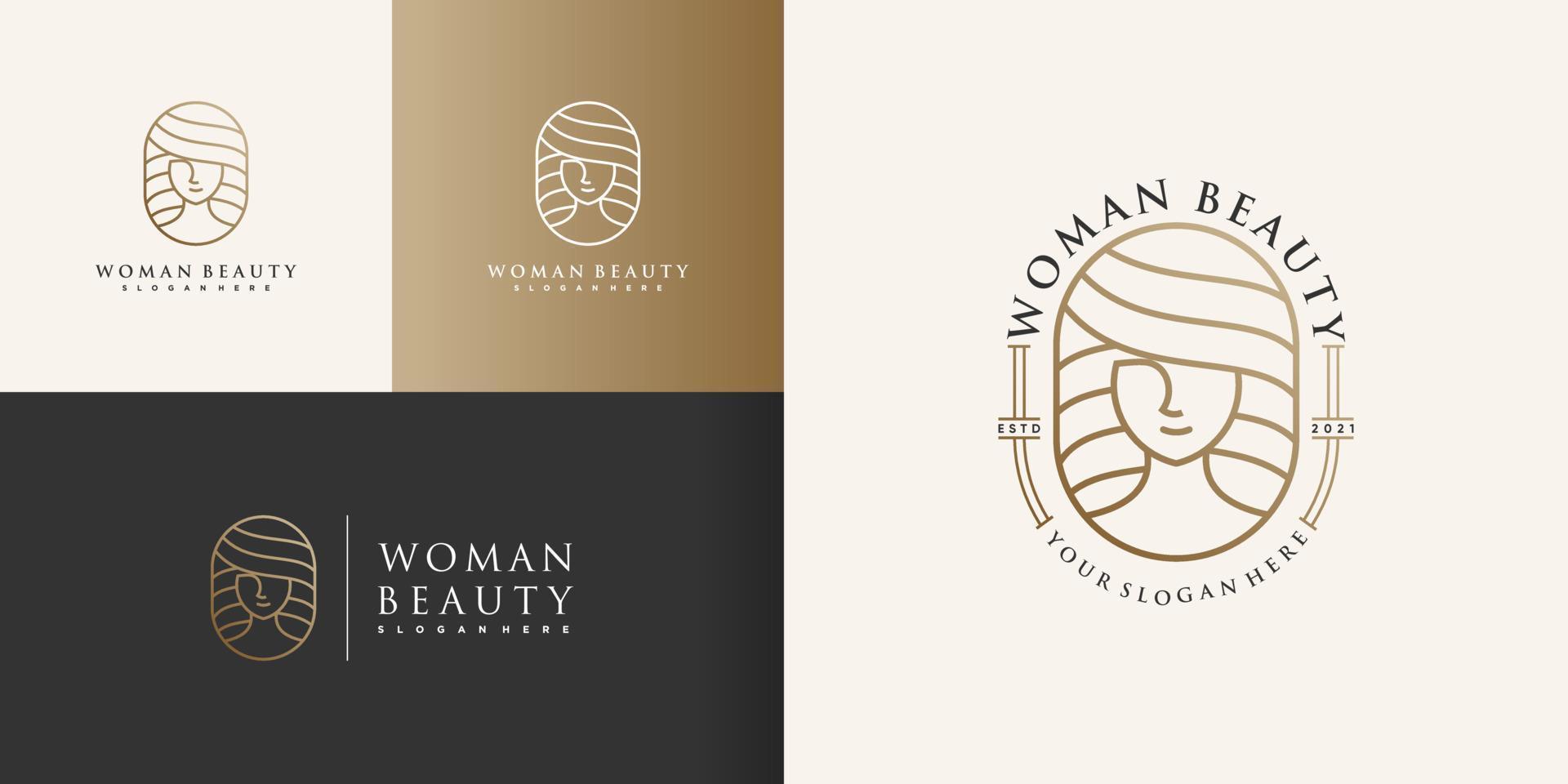 Woman beauty logo with golden creative line art style Premium Vector