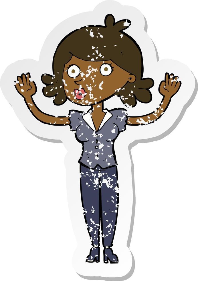 retro distressed sticker of a cartoon woman surrendering vector