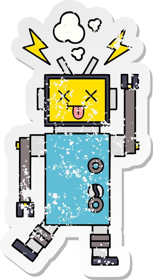 distressed sticker of a cute cartoon robot malfunction vector