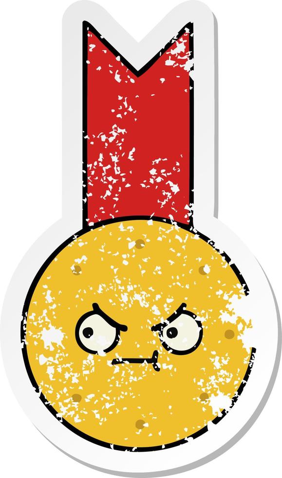 distressed sticker of a cute cartoon gold medal vector