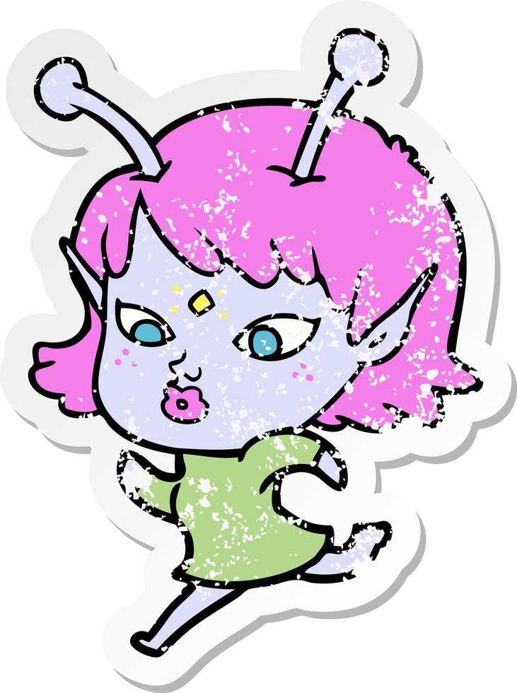 distressed sticker of a pretty cartoon alien girl running vector