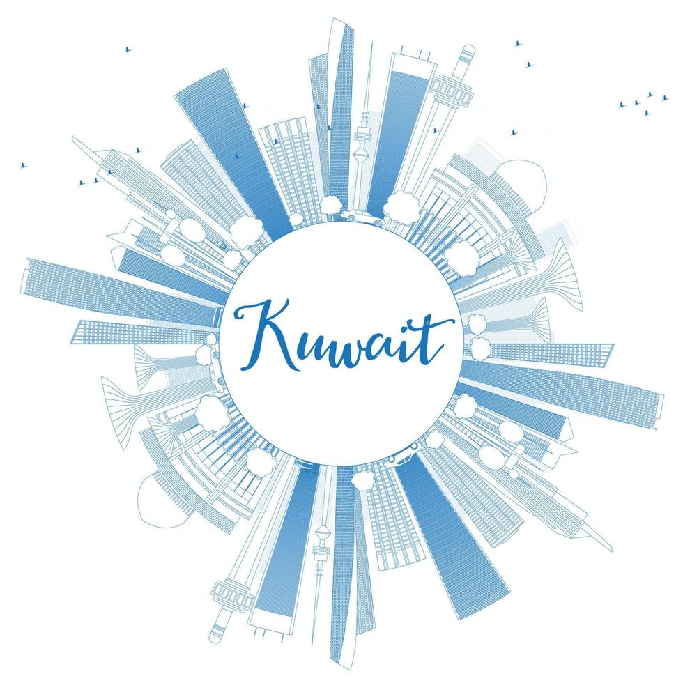 Outline Kuwait City Skyline with Blue Buildings. vector