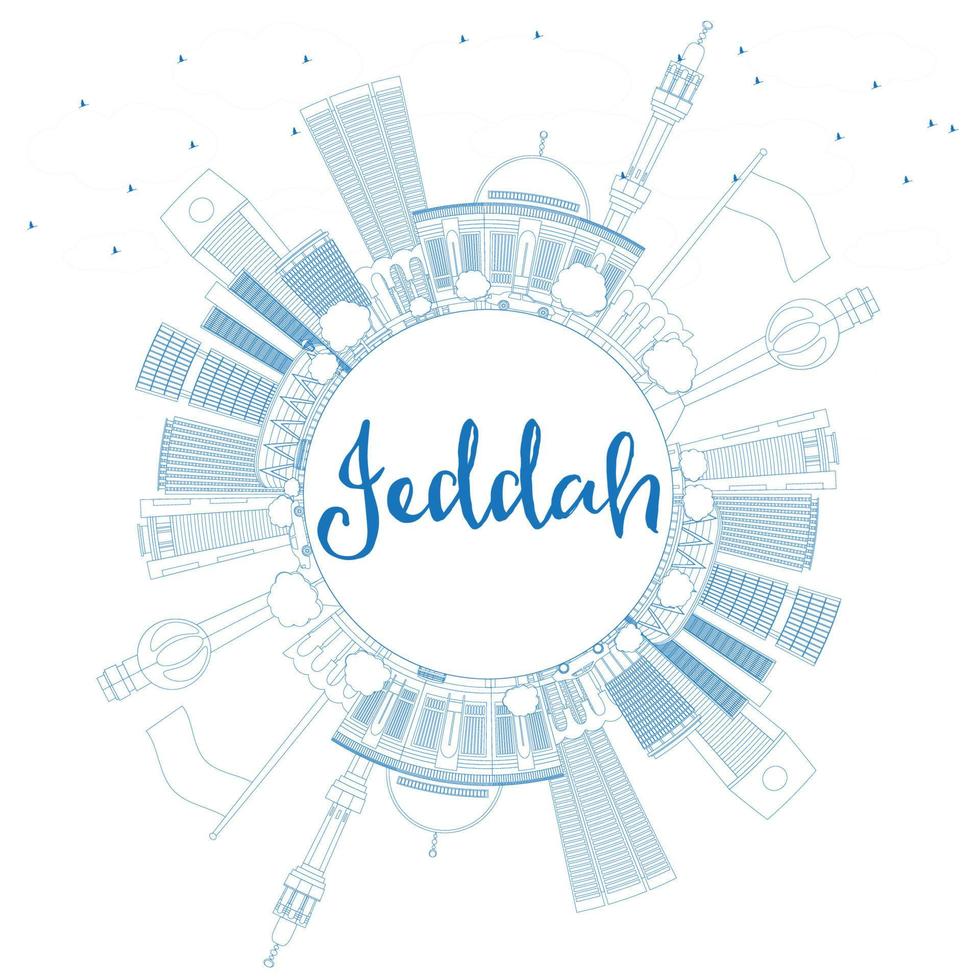 Outline Jeddah Skyline with Blue Buildings and Copy Space. vector