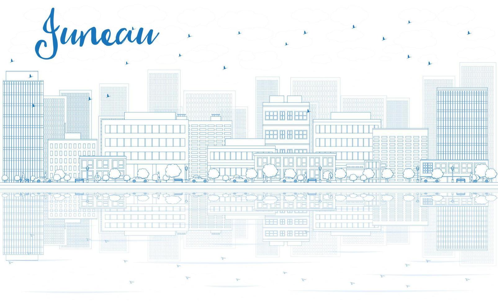 Outline Juneau skyline with blue buildings and reflections. vector