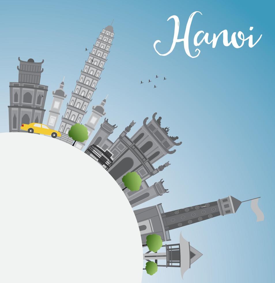 horizonte de hanoi con puntos de referencia grises, cielo azul y espacio para copiar. vector