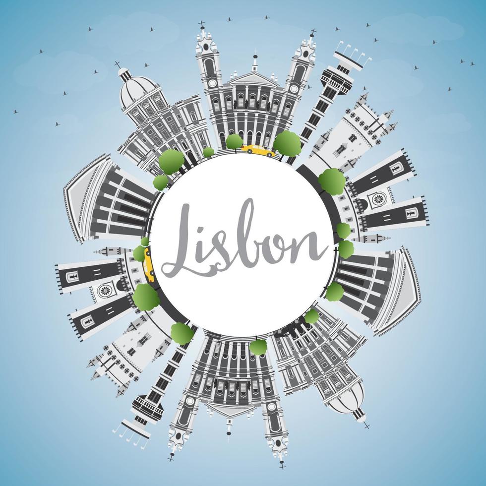 Lisbon Skyline with Gray Buildings, Blue Sky and Copy Space. vector