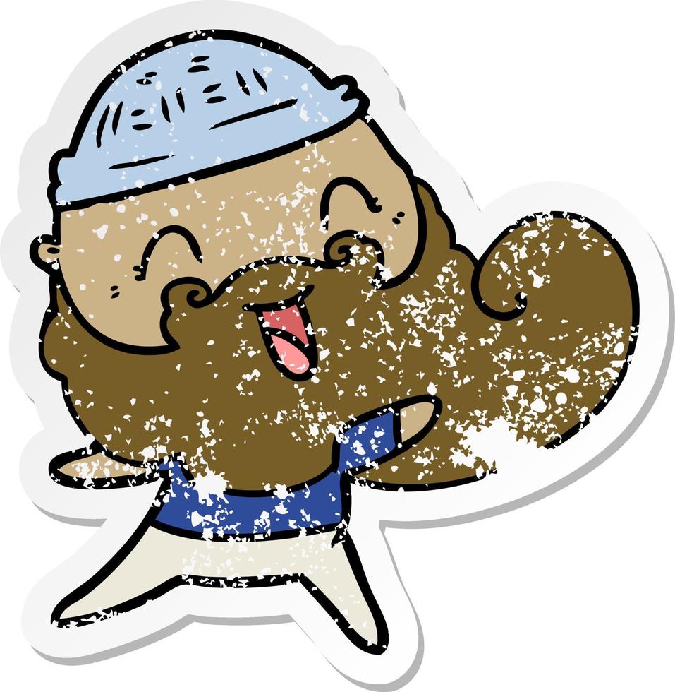 distressed sticker of a happy man with beard and winter hat vector