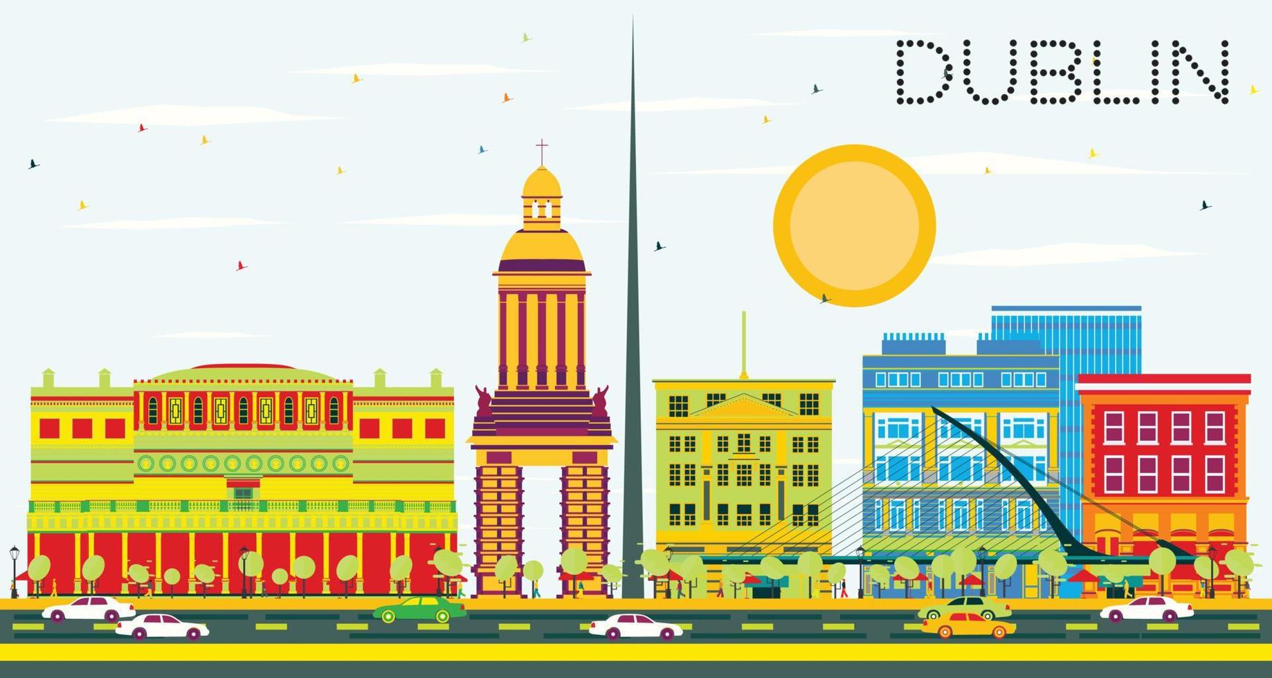 Dublin Skyline with Color Buildings and Blue Sky. vector