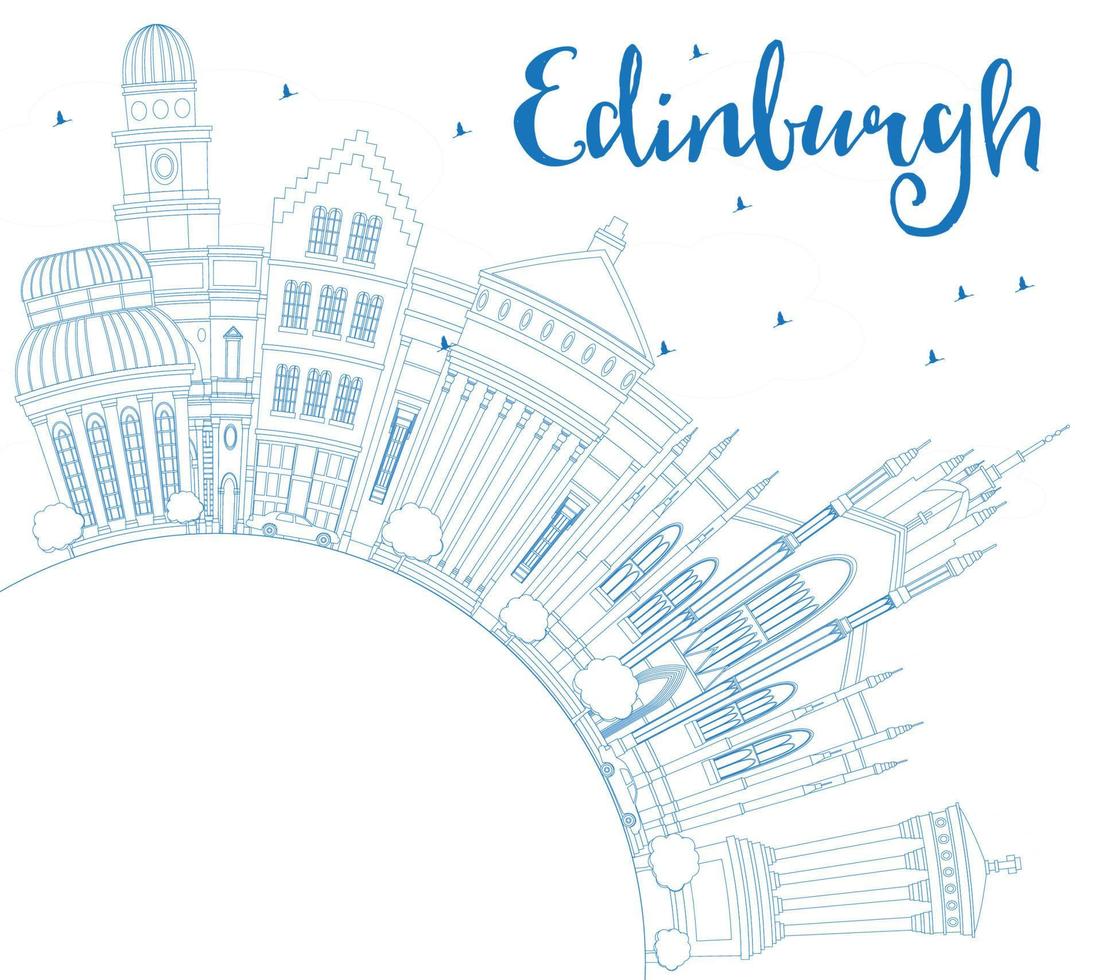 Outline Edinburgh Skyline with Blue Buildings and Copy Space. vector
