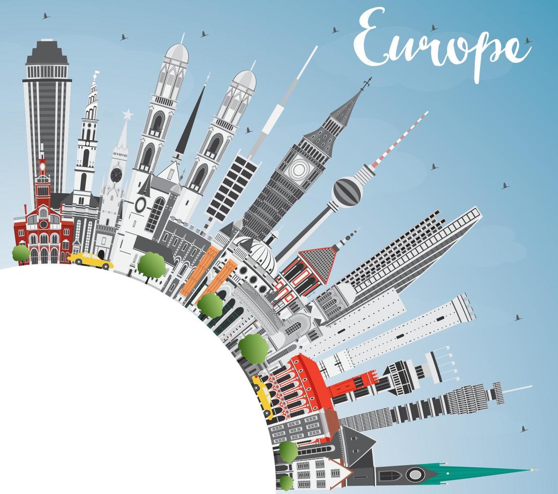 silueta del horizonte de europa con diferentes puntos de referencia y espacio de copia. vector