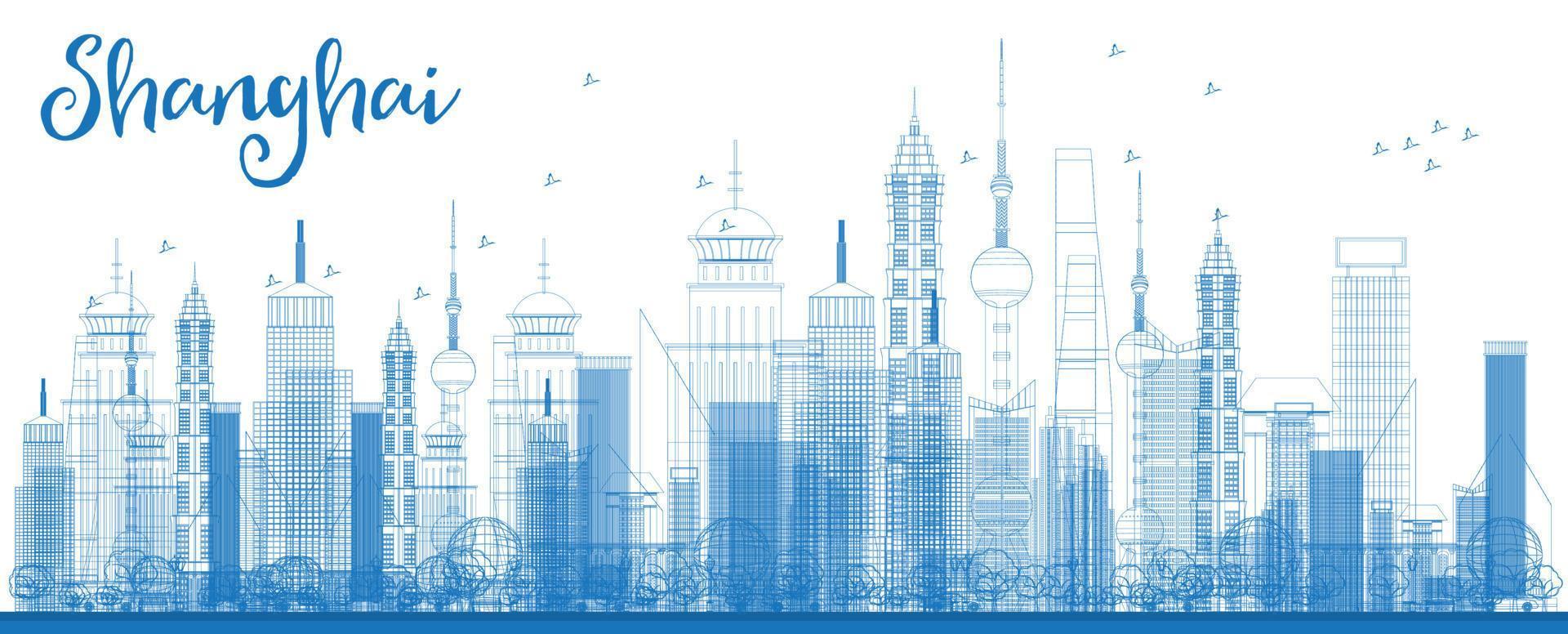 Outline Shanghai skyline with blue skyscrapers. vector