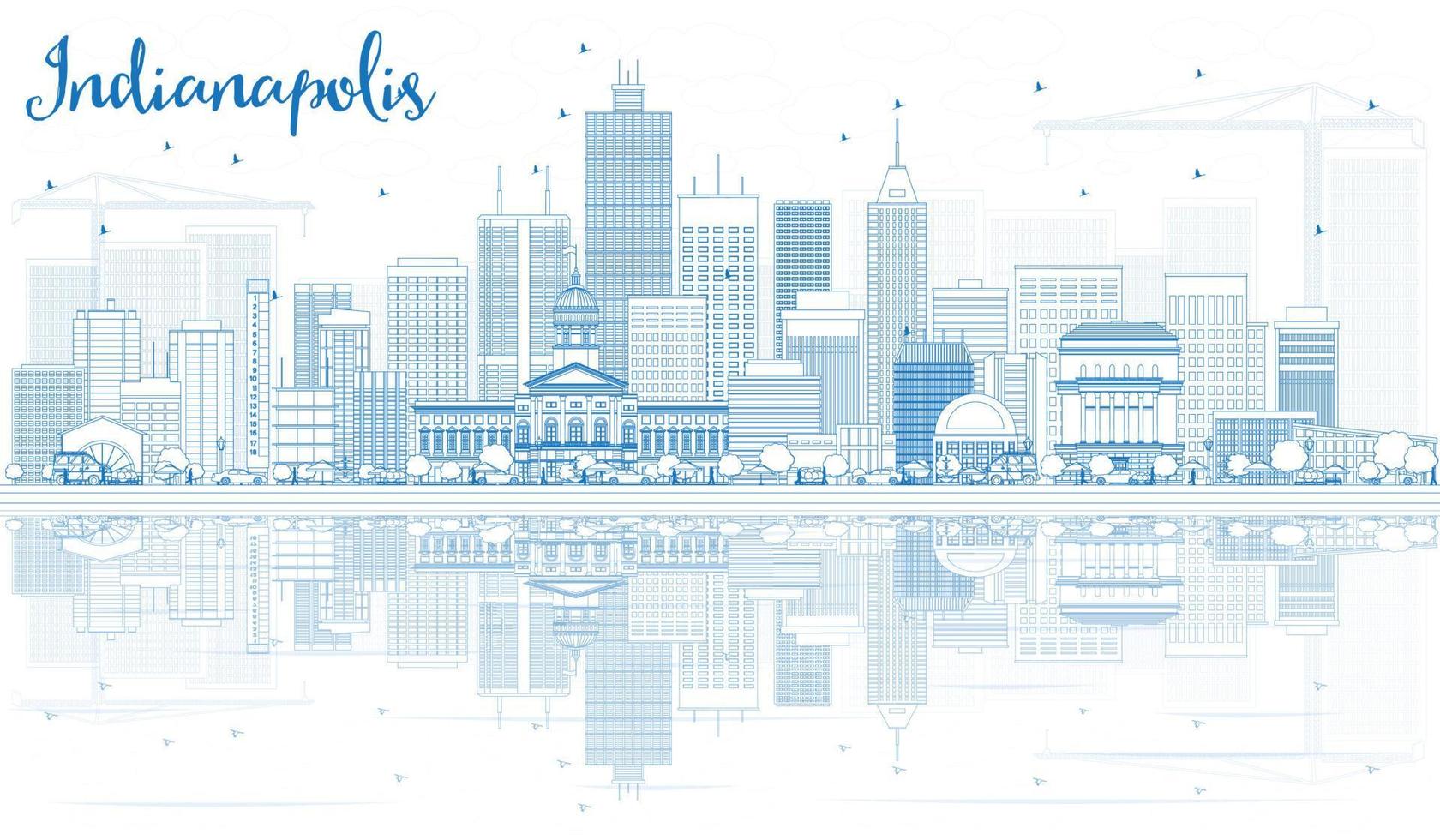 Outline Indianapolis Skyline with Blue Buildings and Reflections. vector