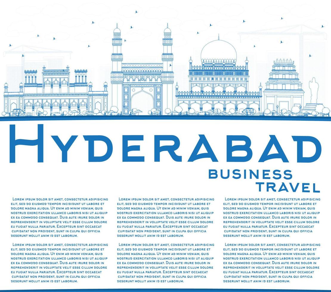 Outline Hyderabad Skyline with Blue Landmarks and Copy Space. vector