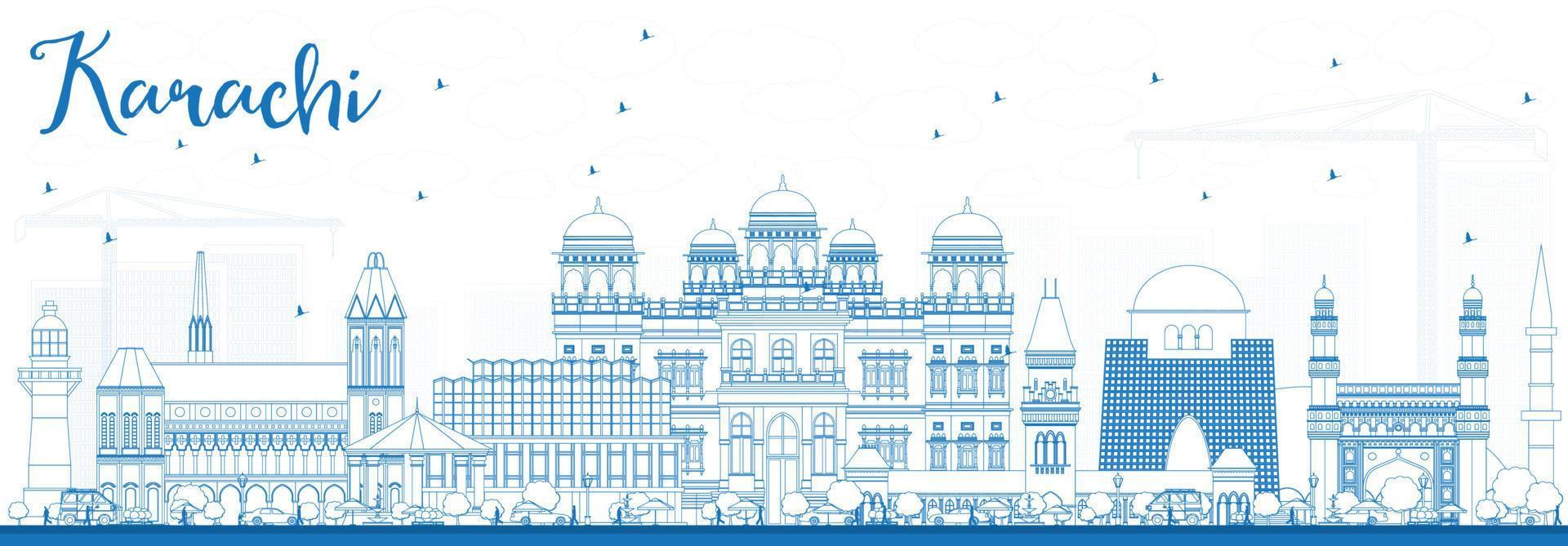 Outline Karachi Skyline with Blue Landmarks. vector