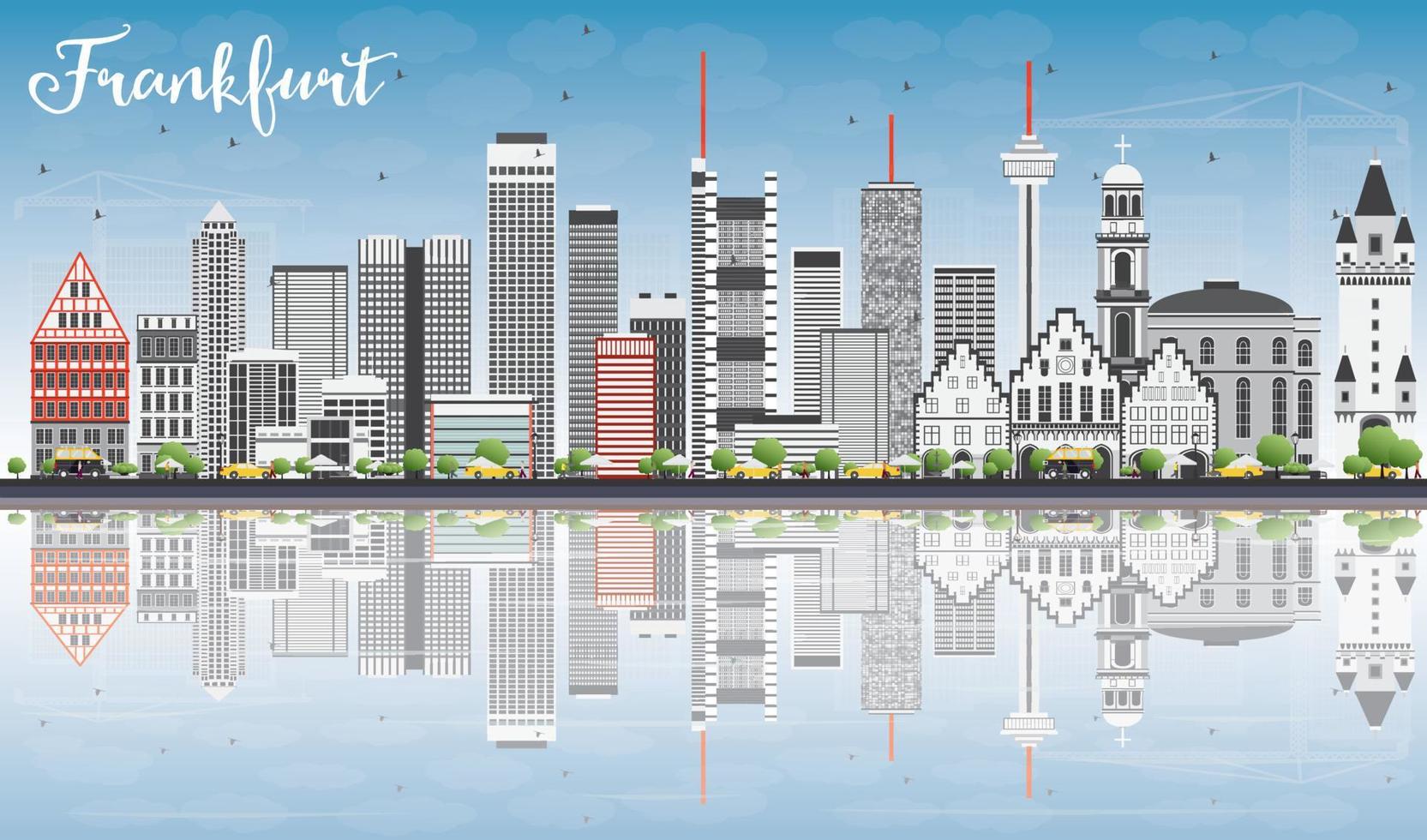 Frankfurt Skyline with Gray Buildings, Blue Sky and Reflections. vector