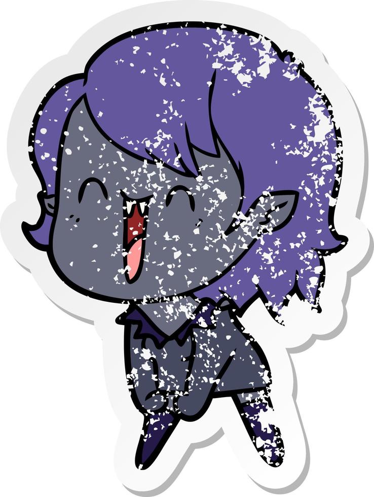 distressed sticker of a cute cartoon happy vampire girl vector